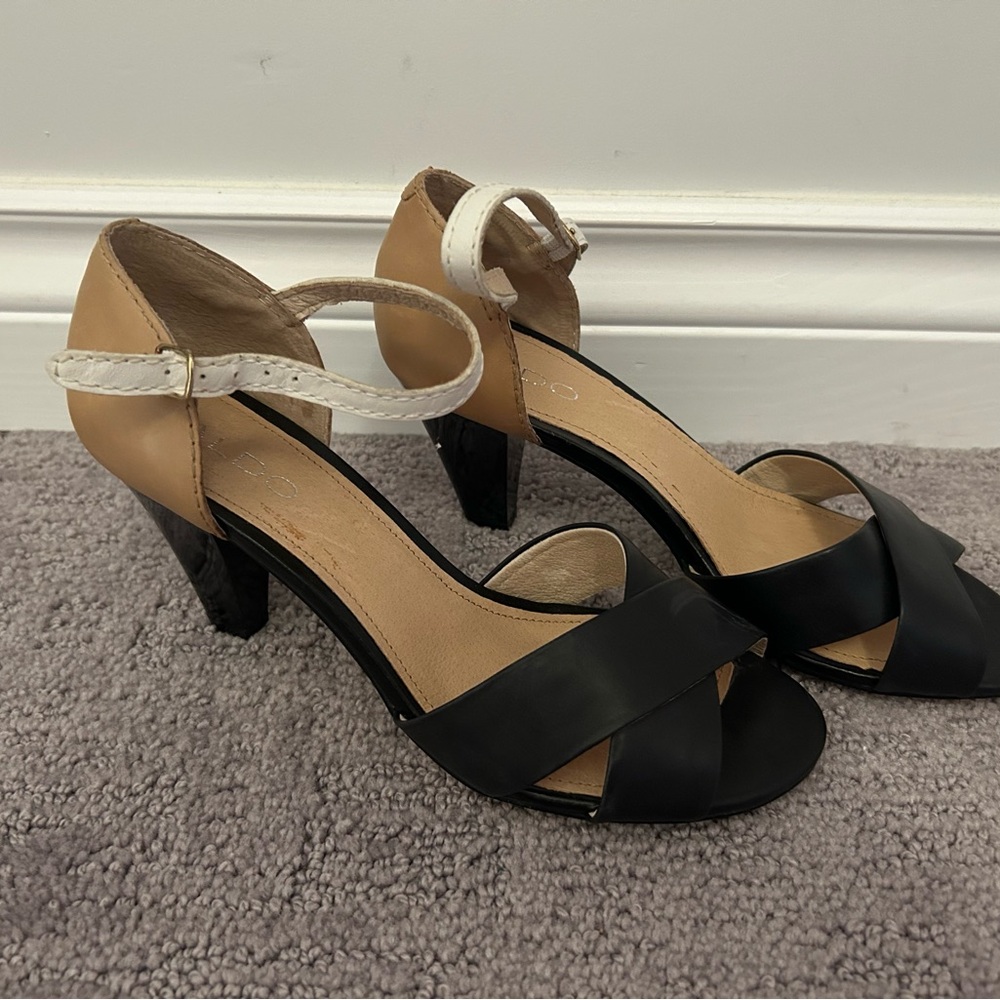 Aldo Black, Tan and White Strappy Block Heel Sandals